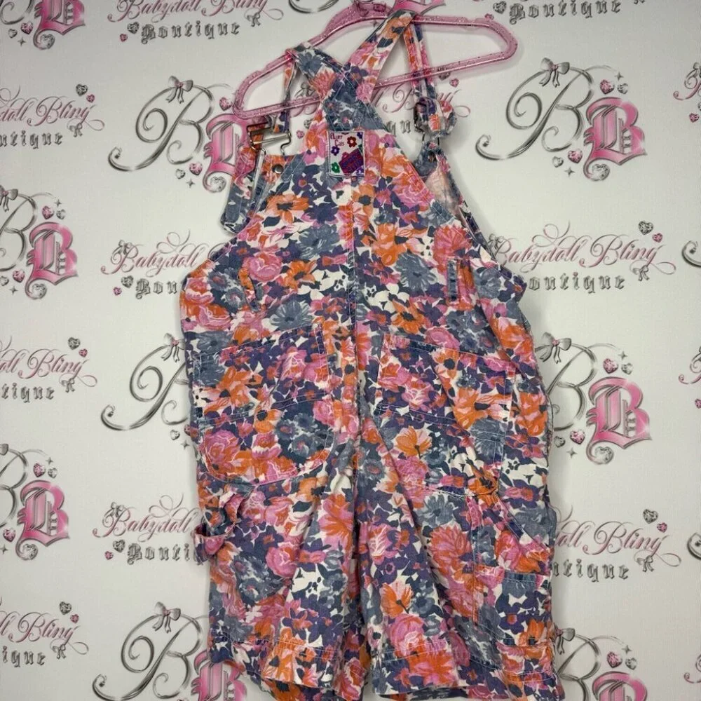Alley cats overalls kids vintage floral flowers 💐 purple orange blue pink white